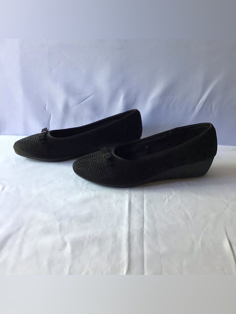 L.L. Bean Black Suede-Look Bow Ballet Wedge Flats